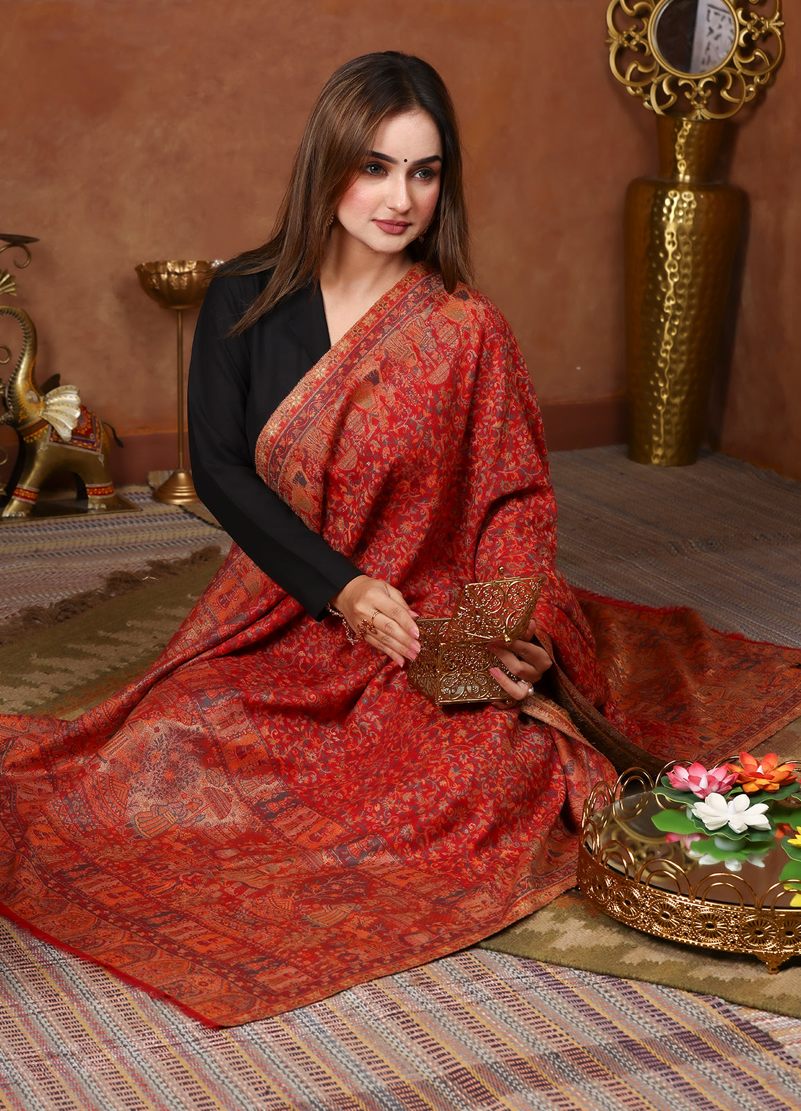 Traditional Red Kani Stole With Heritage Weave