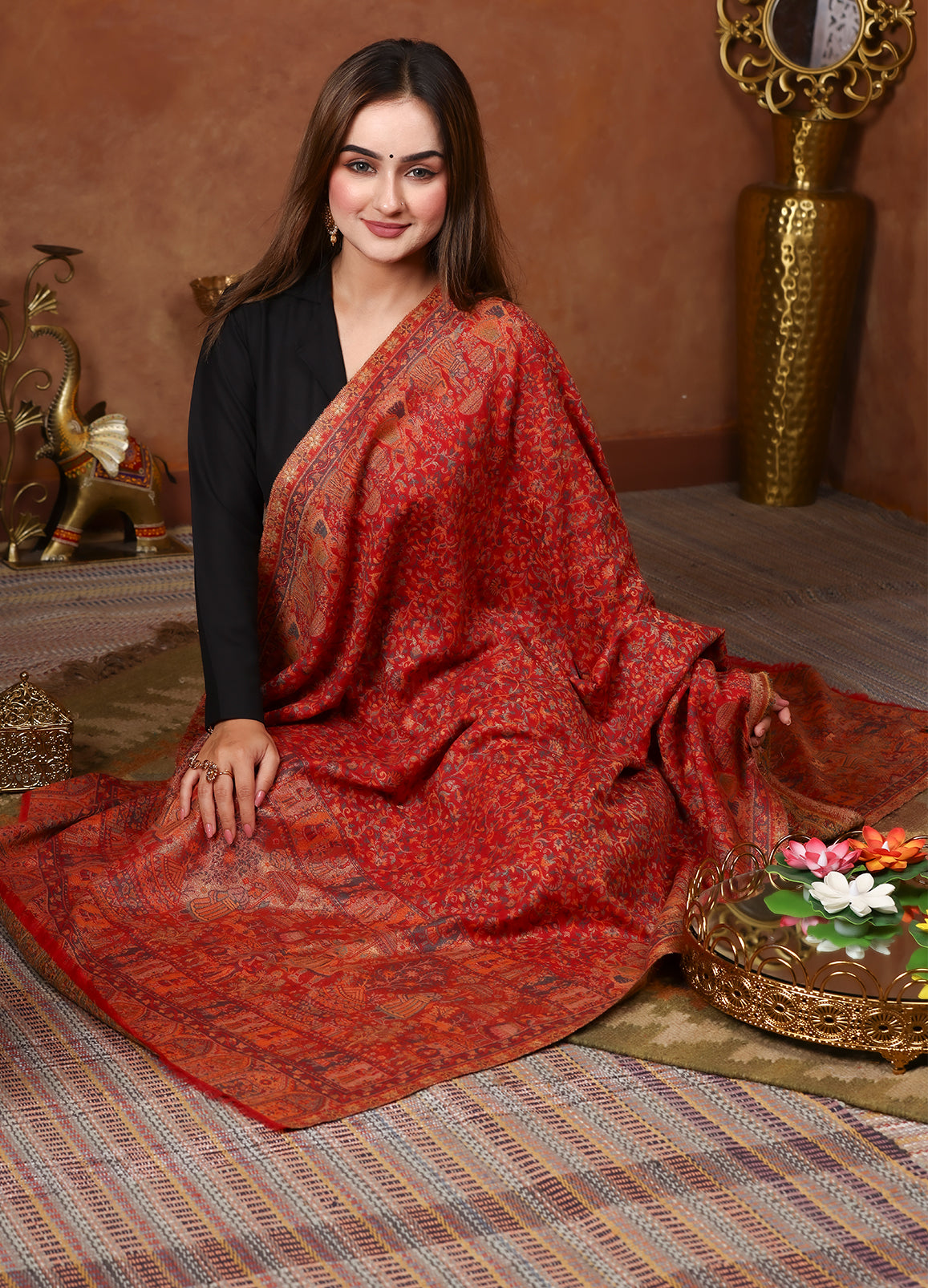 Traditional Red Kani Stole With Heritage Weave