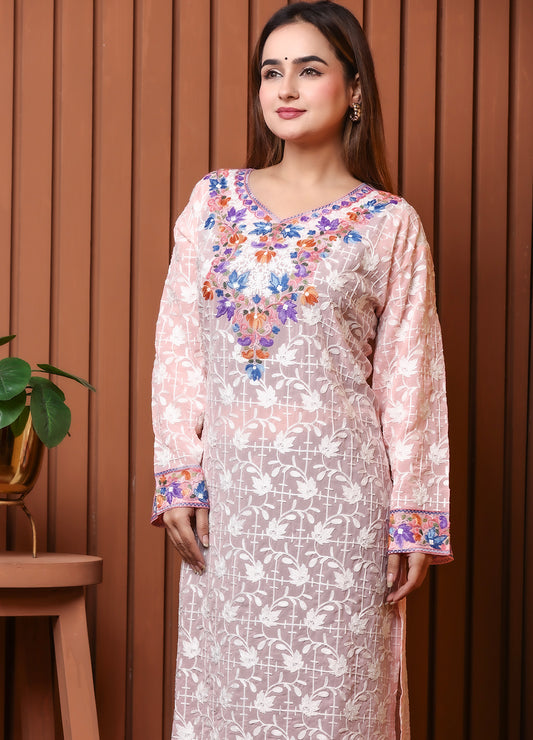 Women's Blush Pink Kashmiri Ari Work Embroidered Georgette Long Kurta