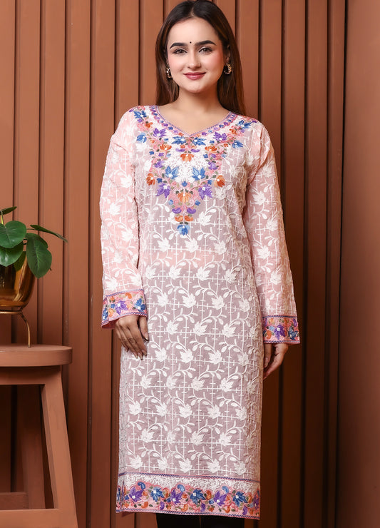 Women's Blush Pink Kashmiri Ari Work Embroidered Georgette Long Kurta