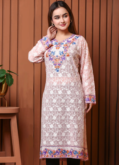 Women's Blush Pink Kashmiri Ari Work Embroidered Georgette Long Kurta