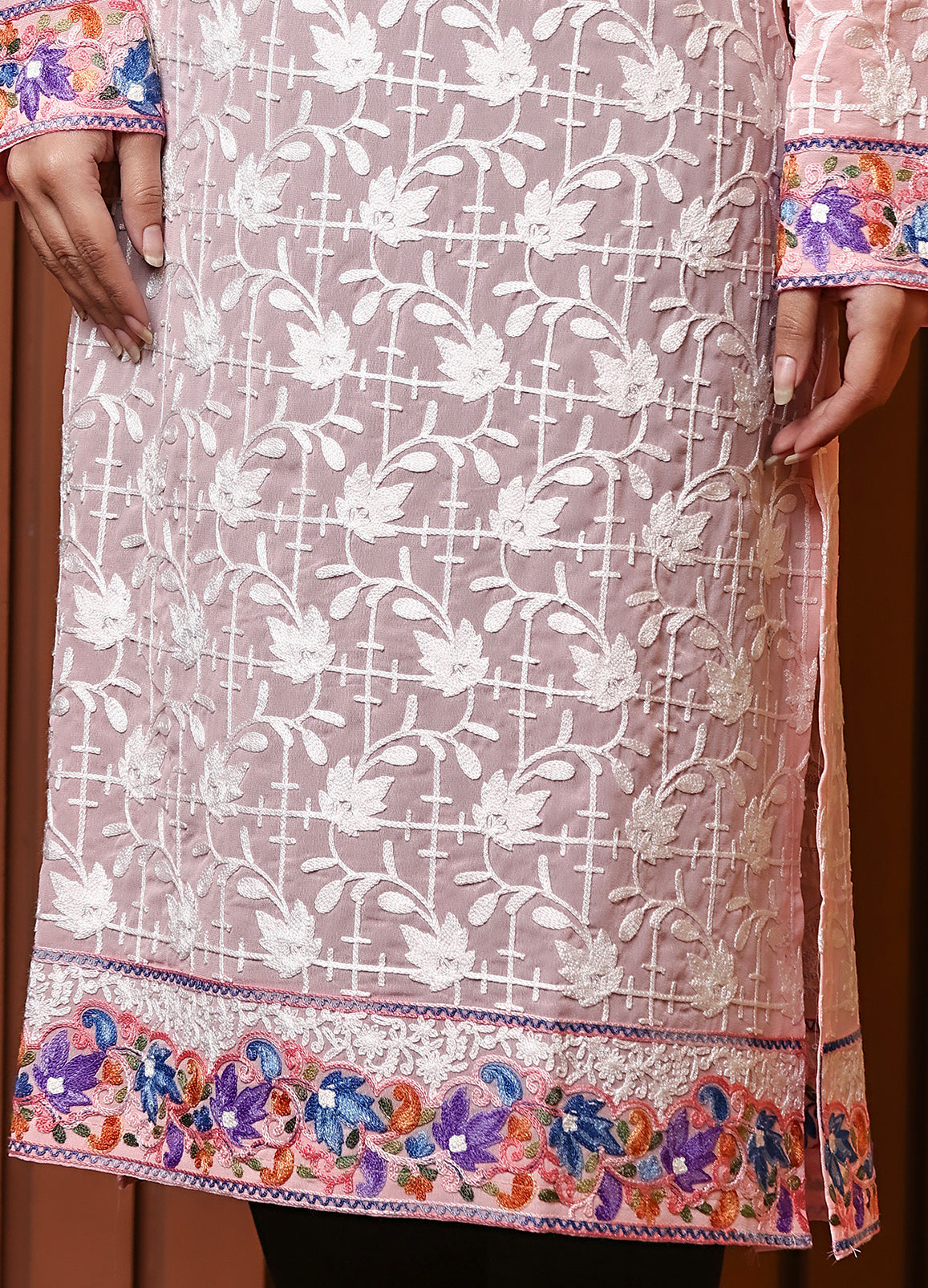 Women's Blush Pink Kashmiri Ari Work Embroidered Georgette Long Kurta