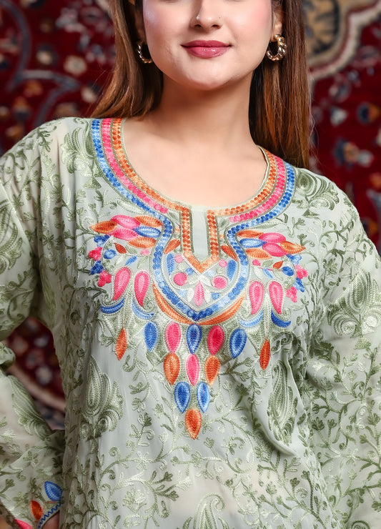 Women's Green Tone Kashmiri Ari Work Embroidered Georgette Long Kurta