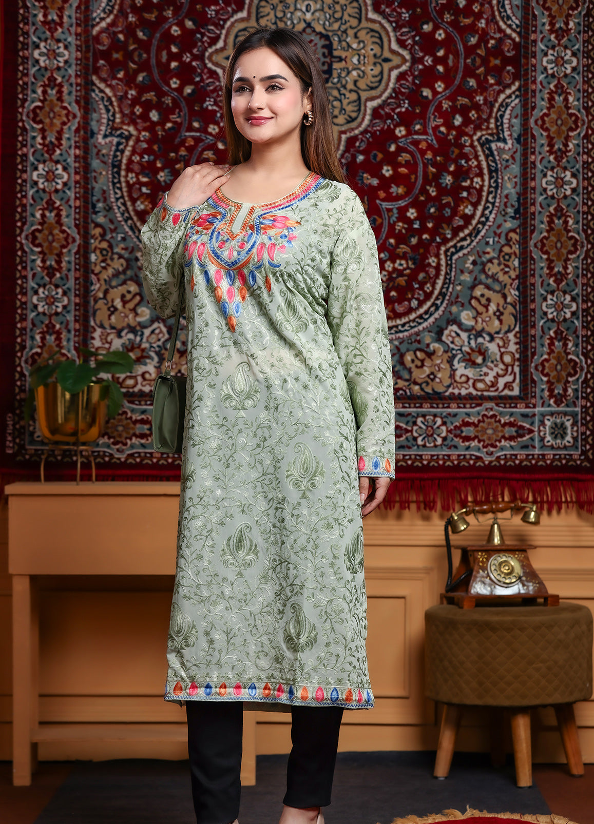 Women's Green Tone Kashmiri Ari Work Embroidered Georgette Long Kurta