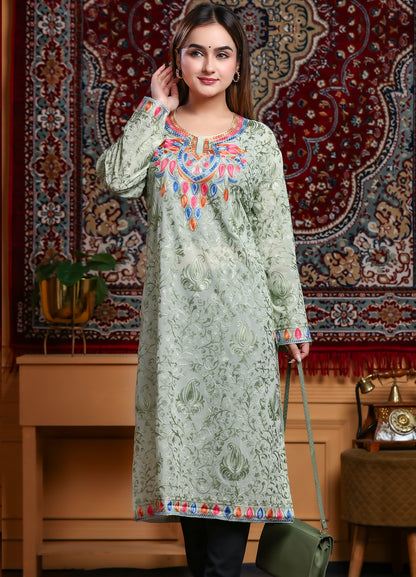 Women's Green Tone Kashmiri Ari Work Embroidered Georgette Long Kurta