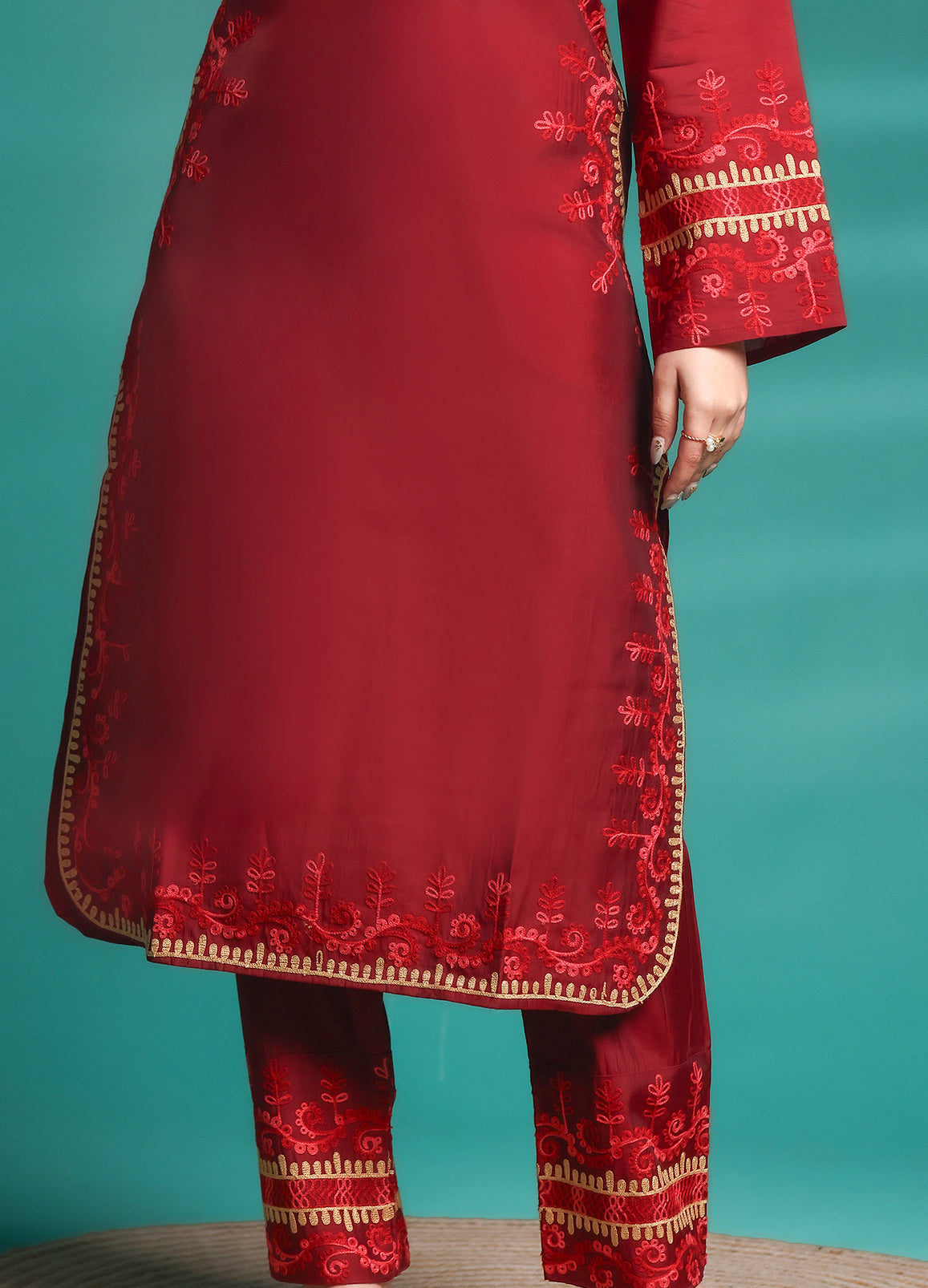 Women's Ethnic Maroon Embroidered Rayon Straight Co-ord Set