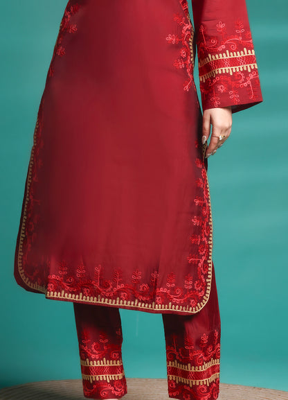Women's Ethnic Maroon Embroidered Rayon Straight Co-ord Set