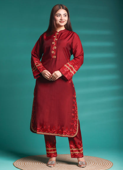 Women's Ethnic Maroon Embroidered Rayon Straight Co-ord Set