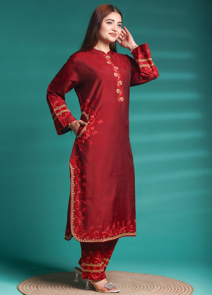 Women's Ethnic Maroon Embroidered Rayon Straight Co-ord Set
