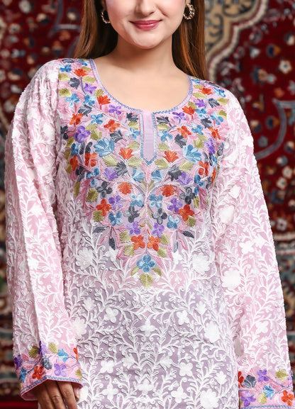 Women's Pink Ari Work Multi Color Embroidered Georgette Long Kurta