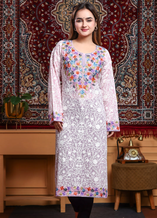Women's Pink Ari Work Multi Color Embroidered Georgette Long Kurta
