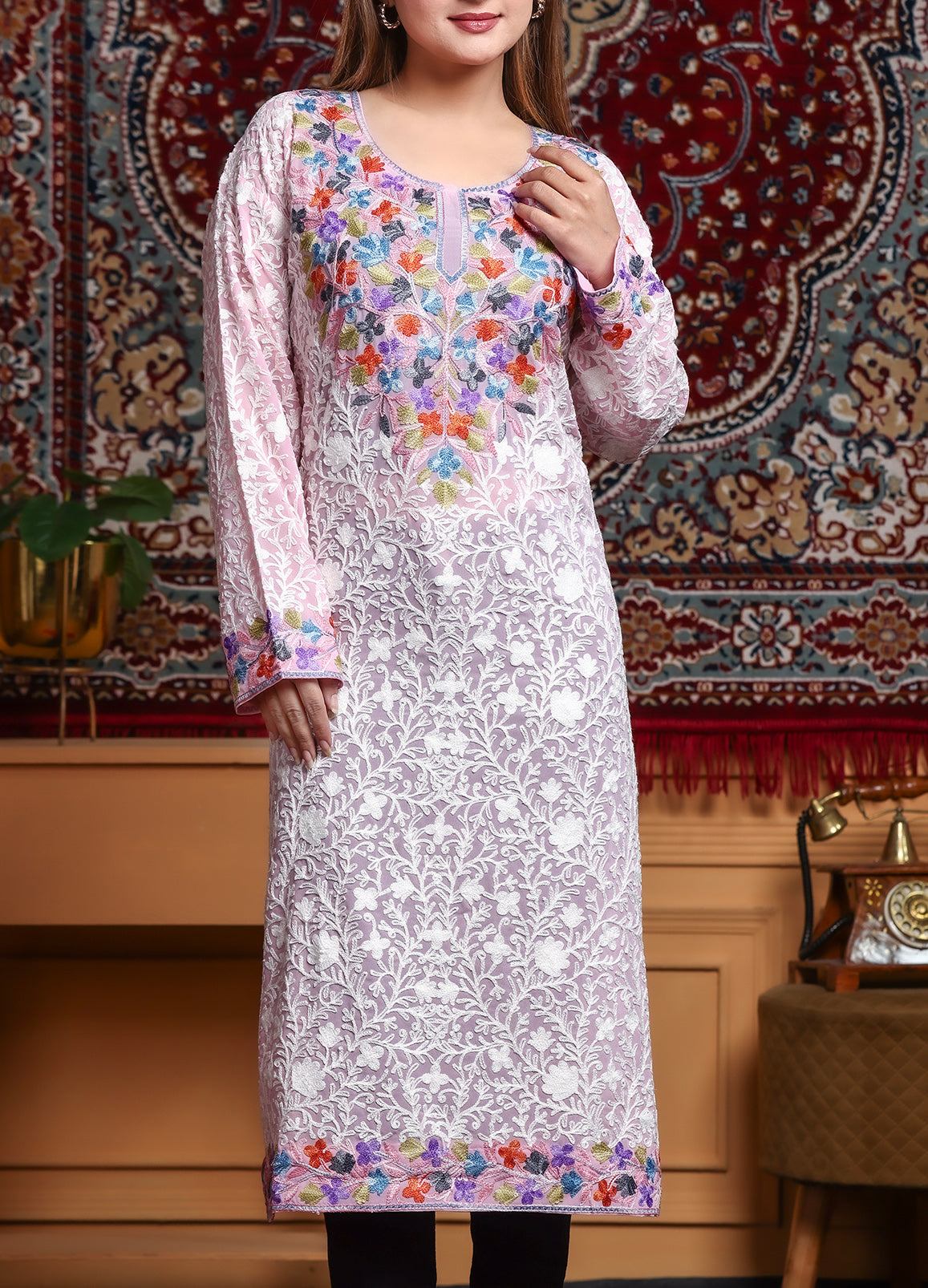 Women's Pink Ari Work Multi Color Embroidered Georgette Long Kurta