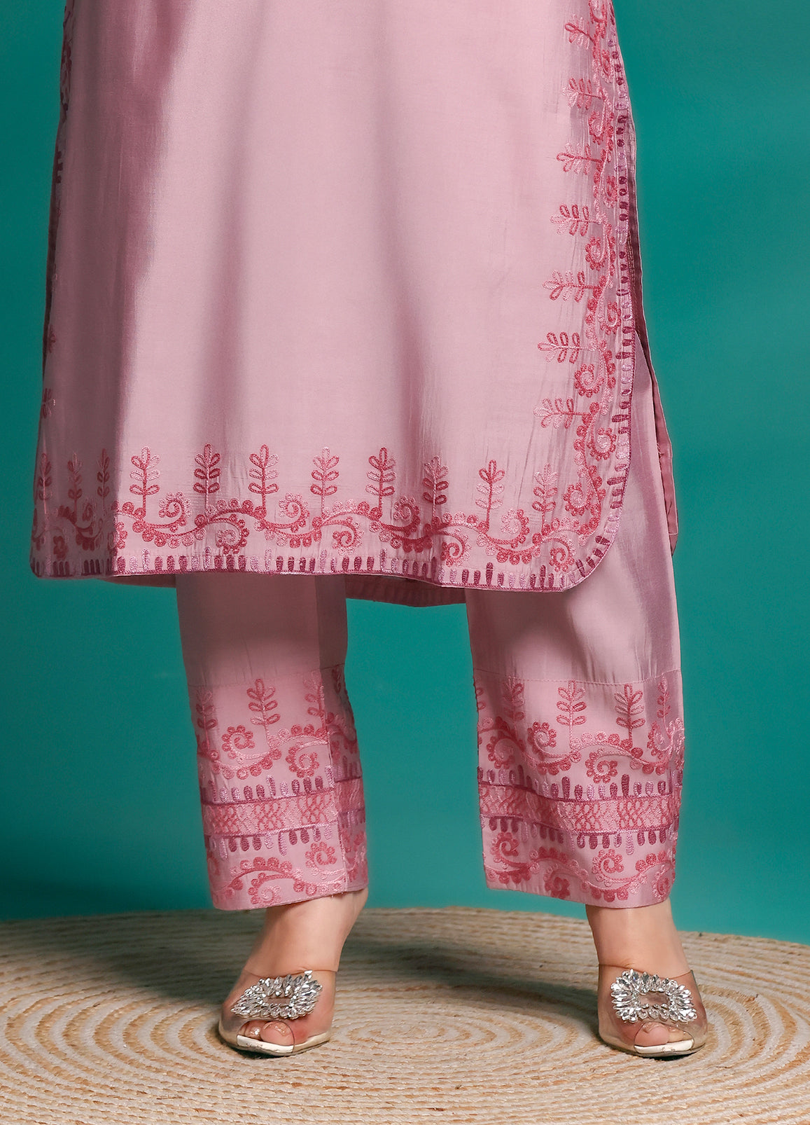 Women's Pink Embroidered Rayon Straight | Elegant Ethnic Co-ord Set