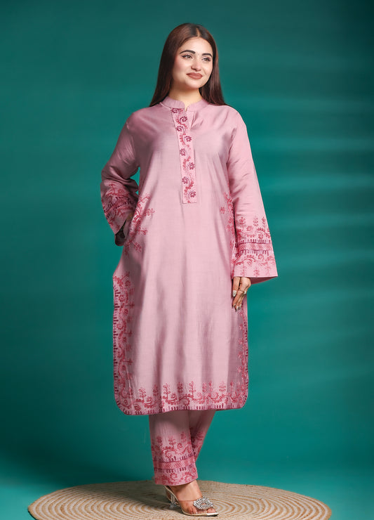 Women's Pink Embroidered Rayon Straight | Elegant Ethnic Co-ord Set