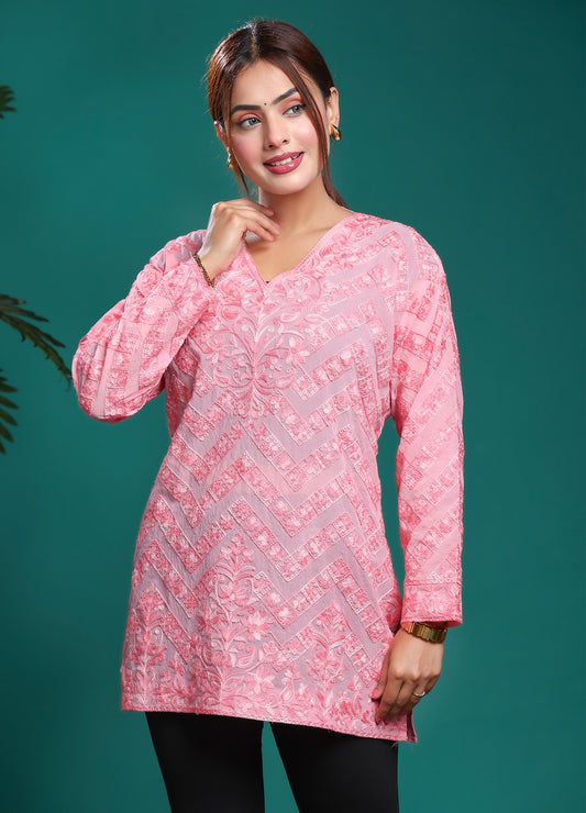 Women's Pink Self Embroidered Georgette Long Kurta With Chevron Pattern