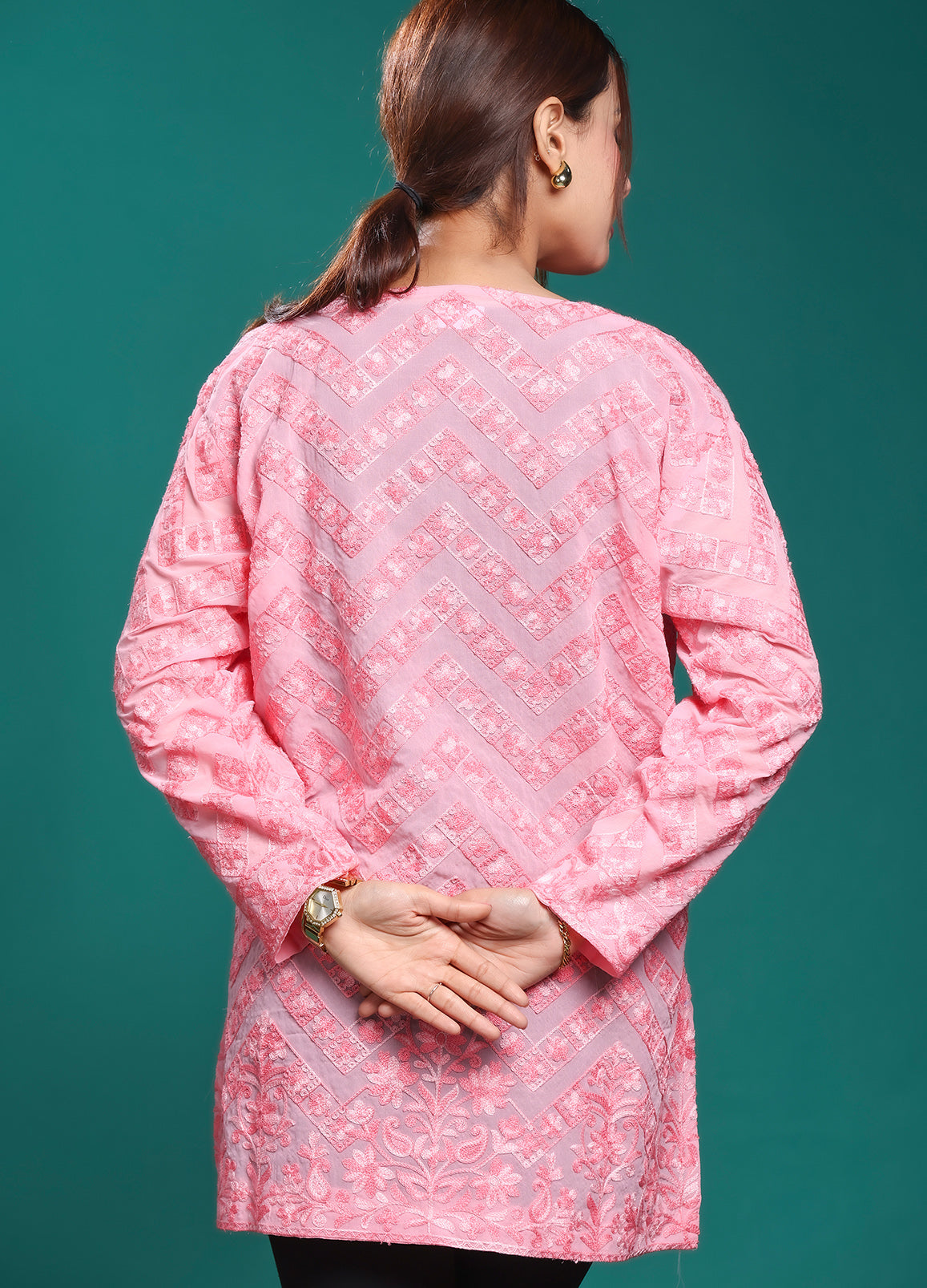 Women's Pink Self Embroidered Georgette Long Kurta With Chevron Pattern