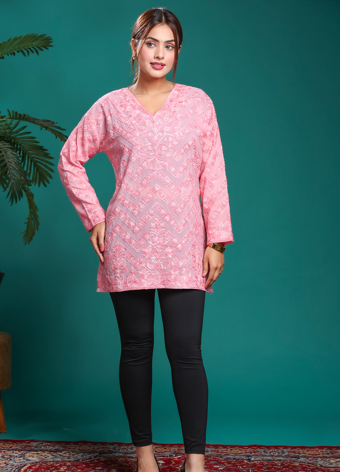 Women's Pink Self Embroidered Georgette Long Kurta With Chevron Pattern