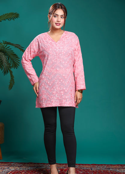 Women's Pink Self Embroidered Georgette Long Kurta With Chevron Pattern