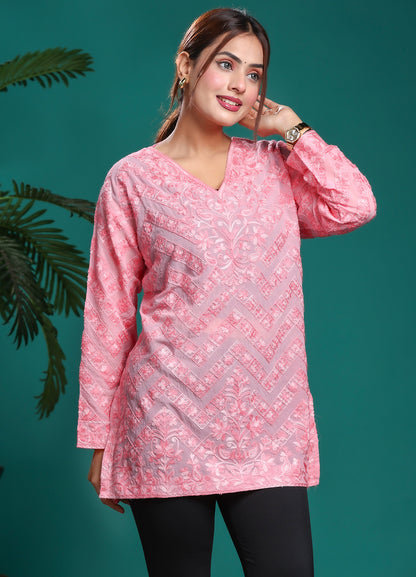 Women's Pink Self Embroidered Georgette Long Kurta With Chevron Pattern
