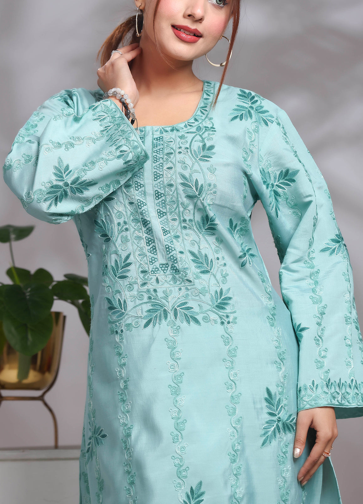 Women's Sky Blue Kashmiri Ari Work Embroidered Rayon Ethnic Co-ord Set