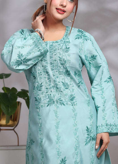 Women's Sky Blue Kashmiri Ari Work Embroidered Rayon Ethnic Co-ord Set