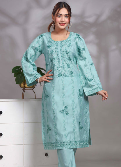 Women's Sky Blue Kashmiri Ari Work Embroidered Rayon Ethnic Co-ord Set