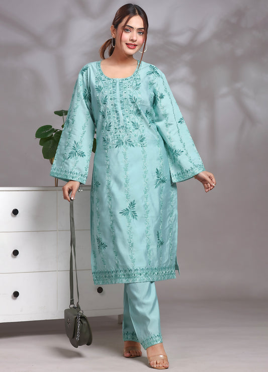 Women's Sky Blue Kashmiri Ari Work Embroidered Rayon Ethnic Co-ord Set