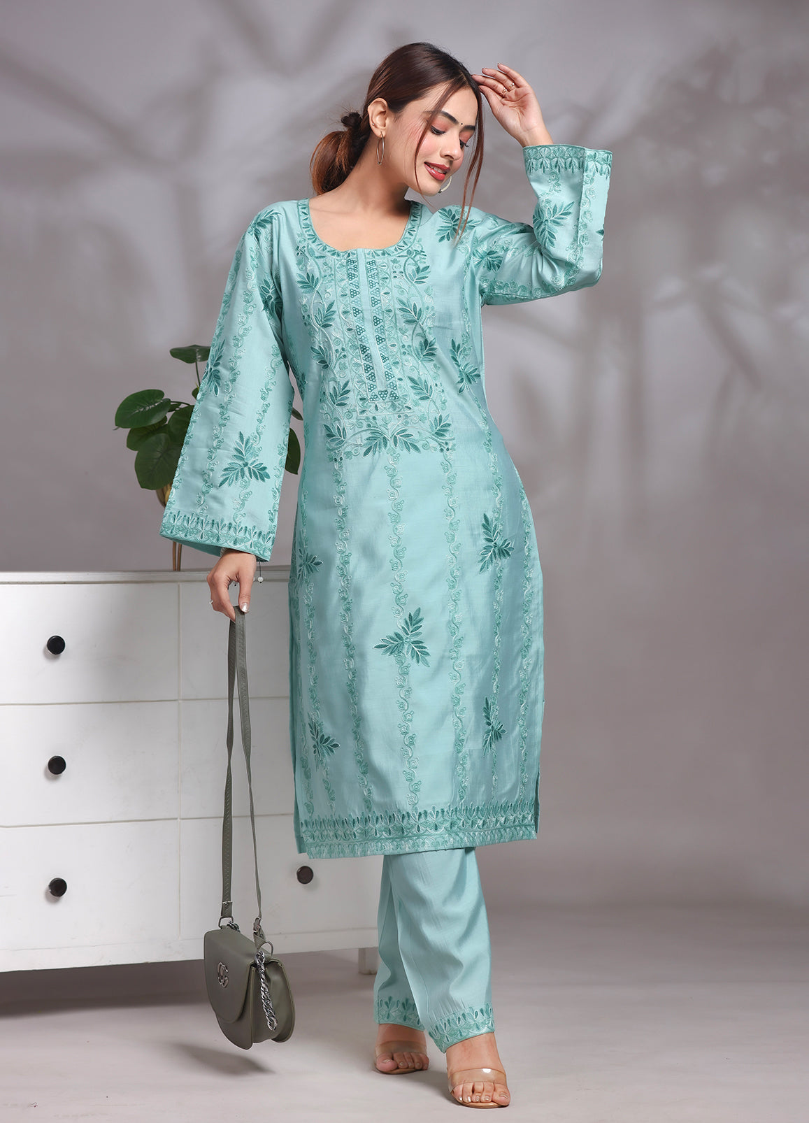 Women's Sky Blue Kashmiri Ari Work Embroidered Rayon Ethnic Co-ord Set