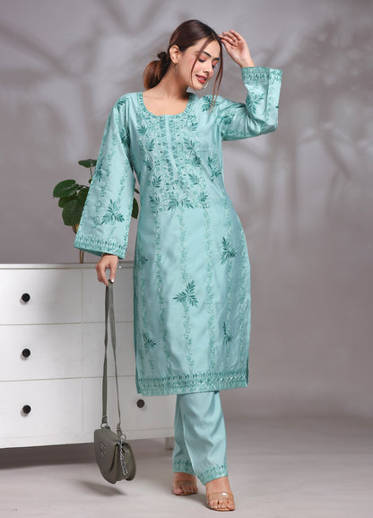 Women's Sky Blue Kashmiri Ari Work Embroidered Rayon Ethnic Co-ord Set