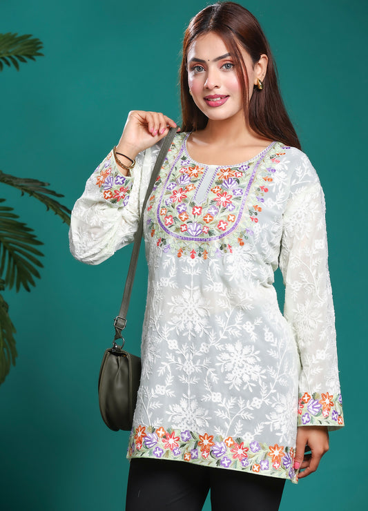 Women's White Floral Embroidered Kurta With Multicolor Kashmiri Ari Work