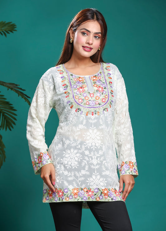Women's White Floral Embroidered Kurta With Multicolor Kashmiri Ari Work