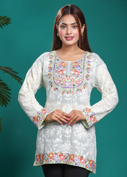 Women's White Floral Embroidered Kurta With Multicolor Kashmiri Ari Work