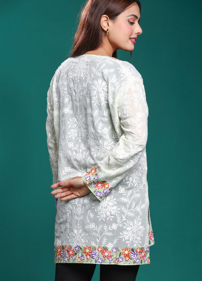 Women's White Floral Embroidered Kurta With Multicolor Kashmiri Ari Work