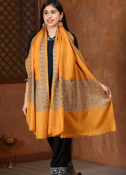 Yellow Color Paisley With Sozni  Work Artistry On Pure Pashmina