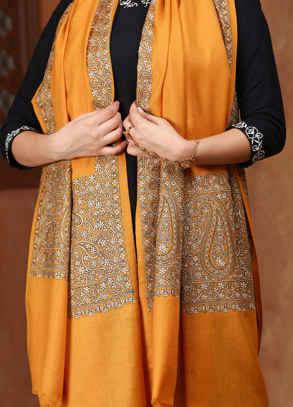 Yellow Color Paisley With Sozni  Work Artistry On Pure Pashmina