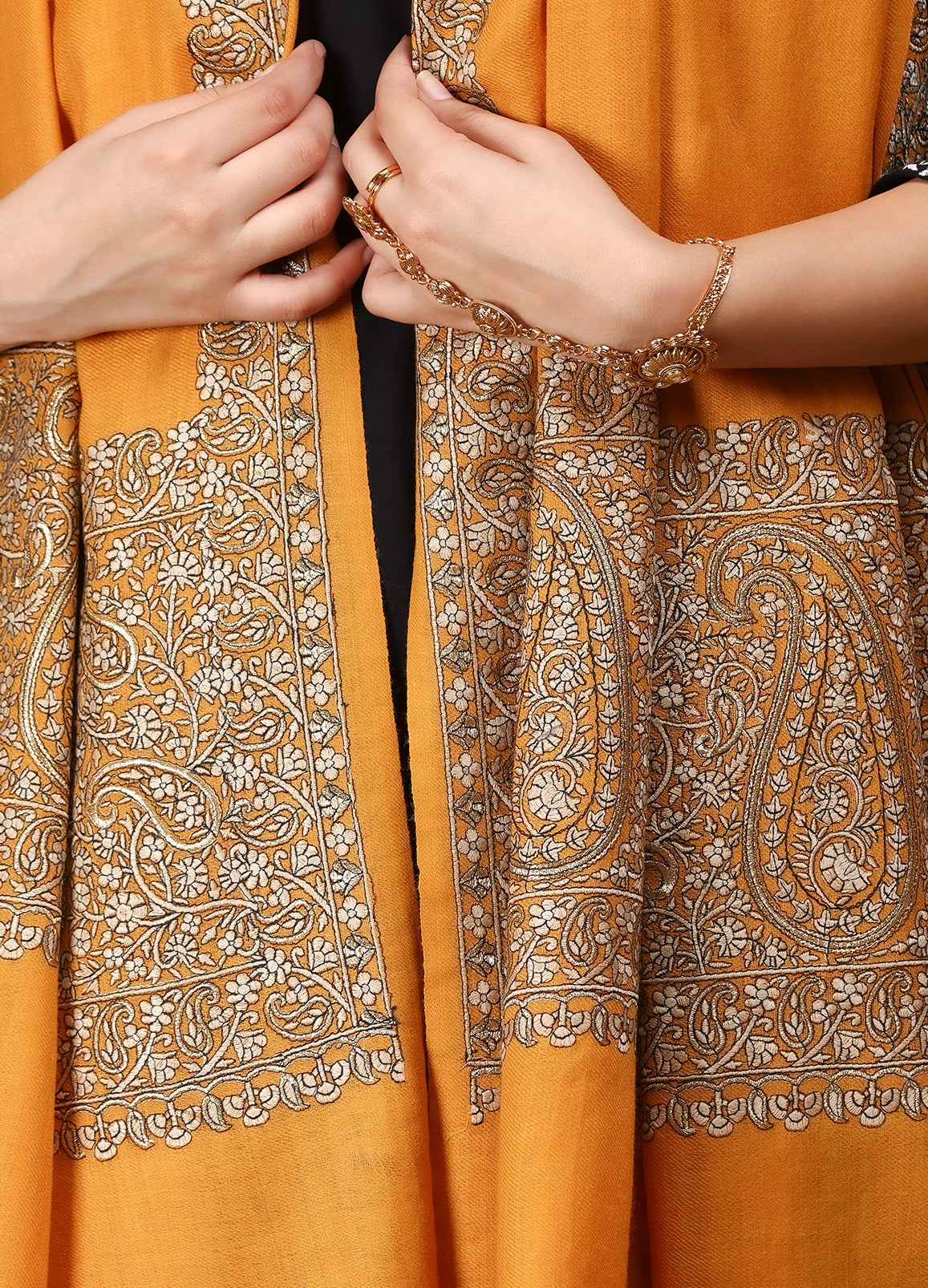 Yellow Color Paisley With Sozni  Work Artistry On Pure Pashmina
