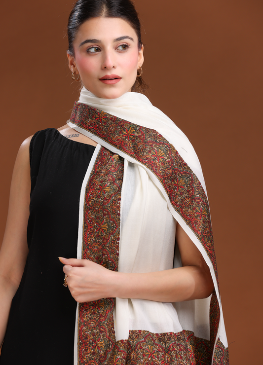 Noorani Kashmiri Border Pure Wool Aari Shawl